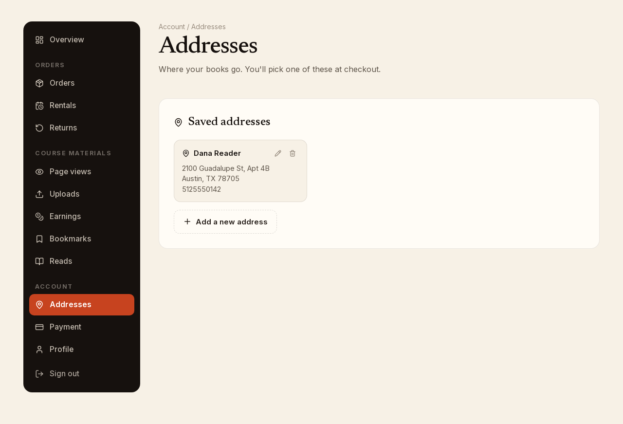 Screenshot: The Addresses page with one saved address.