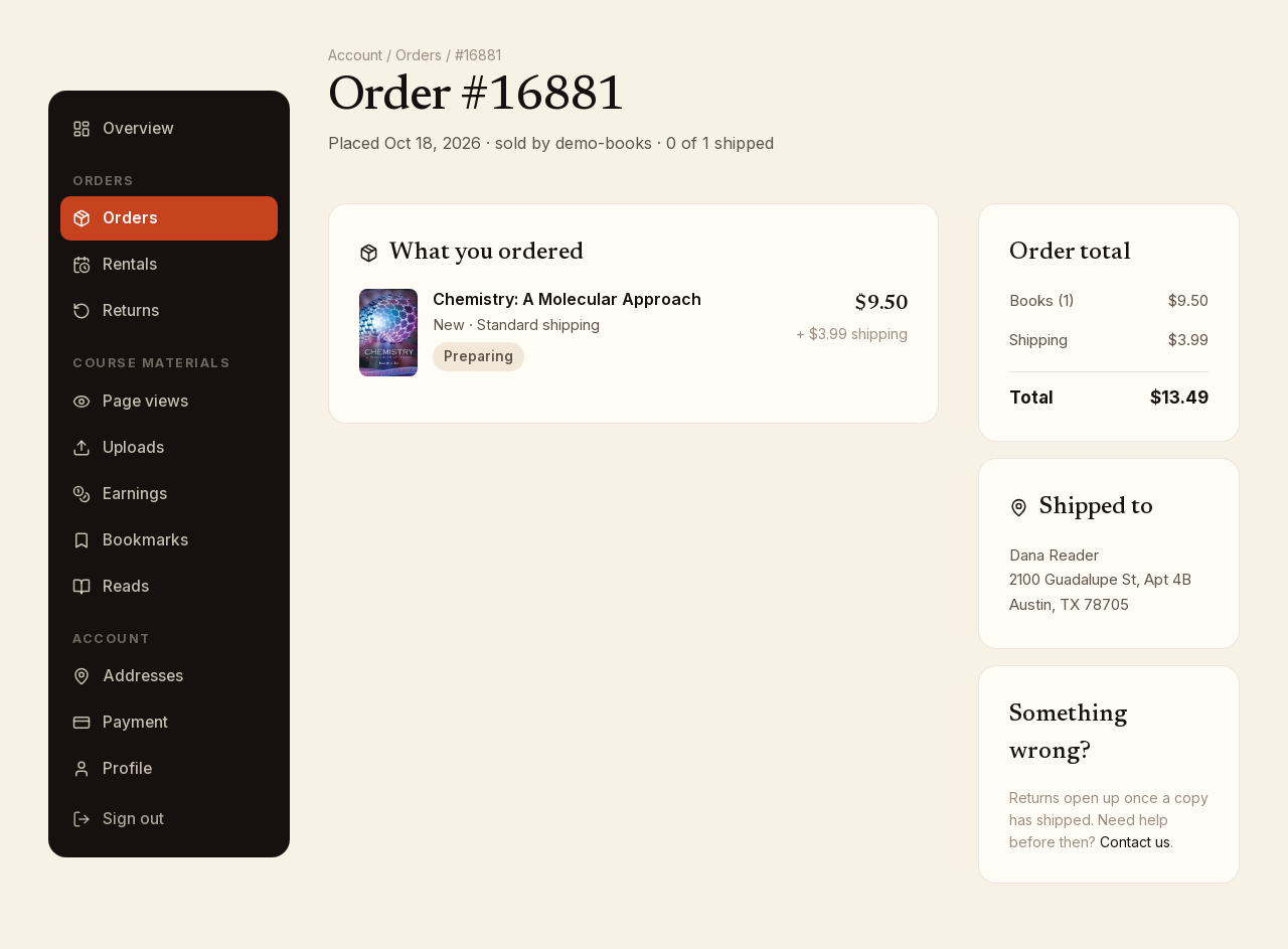 Screenshot: An order with a shipped copy and its tracking link.