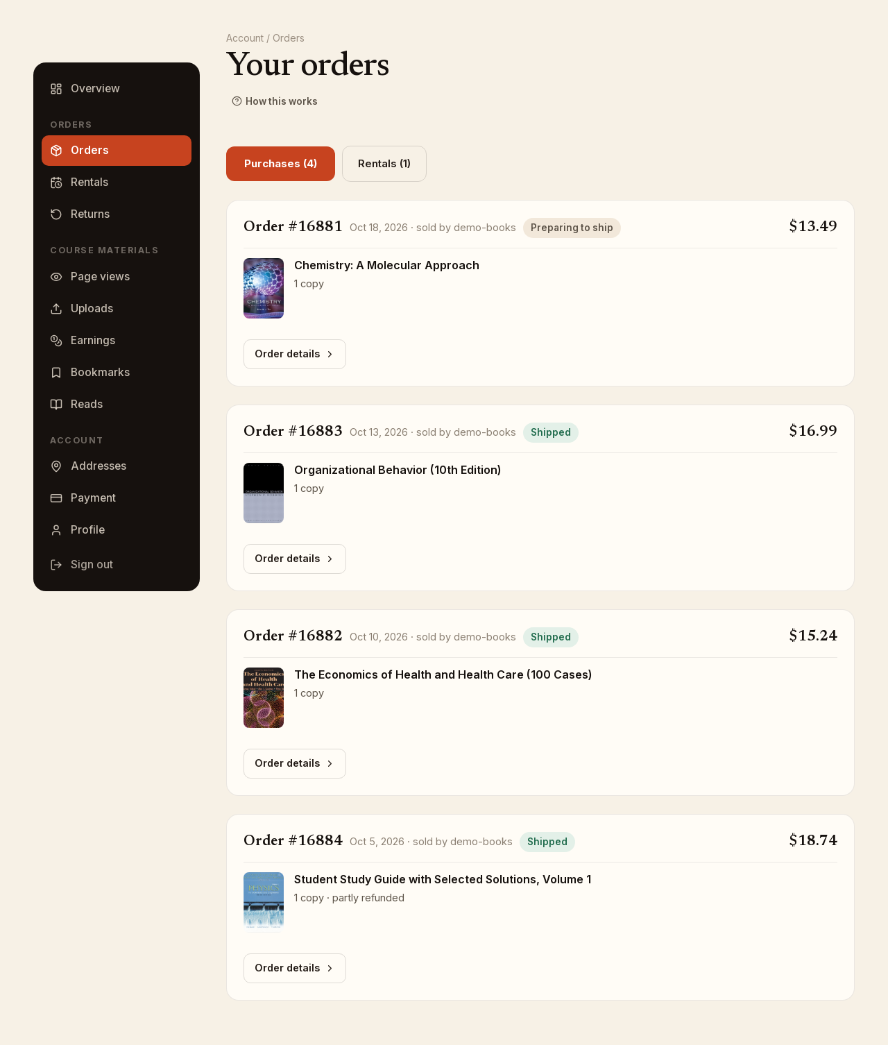 Screenshot: The orders list with the Purchases tab selected.