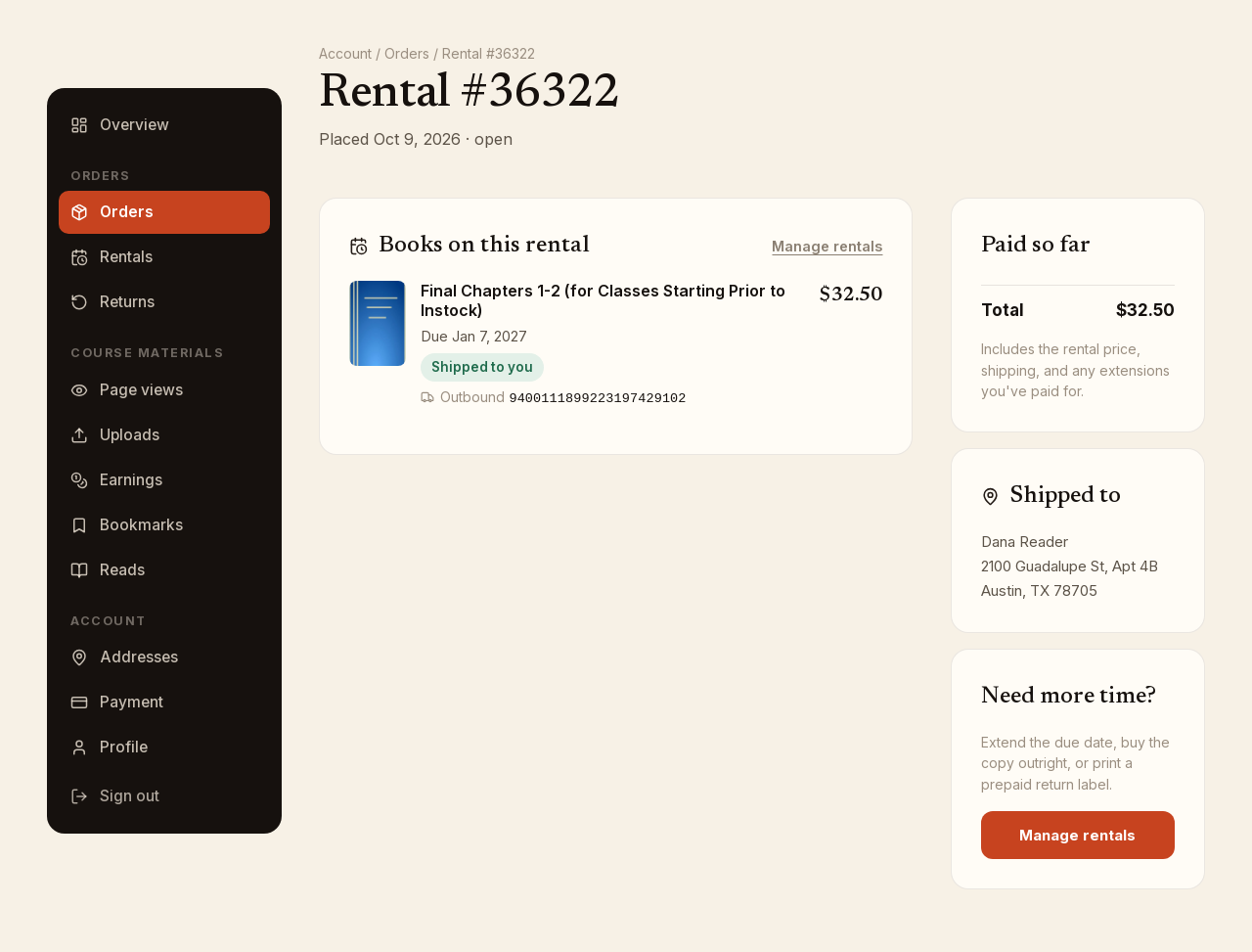 Screenshot: A rental order with its outbound tracking and return label.