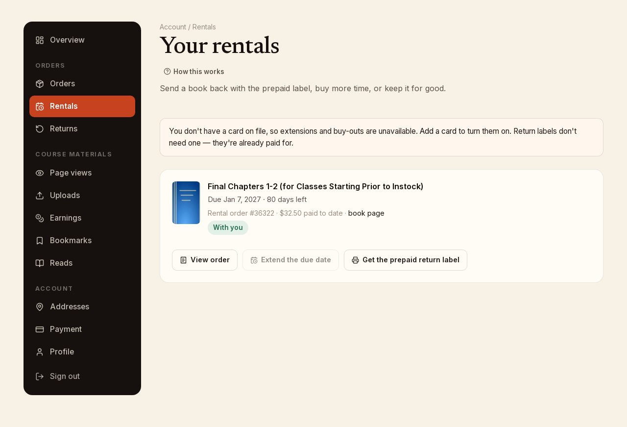 Screenshot: Your rentals: due date, days left, and the three actions.