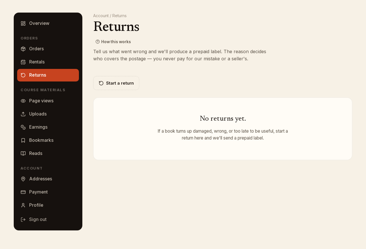 Screenshot: The Returns page with a return in progress.