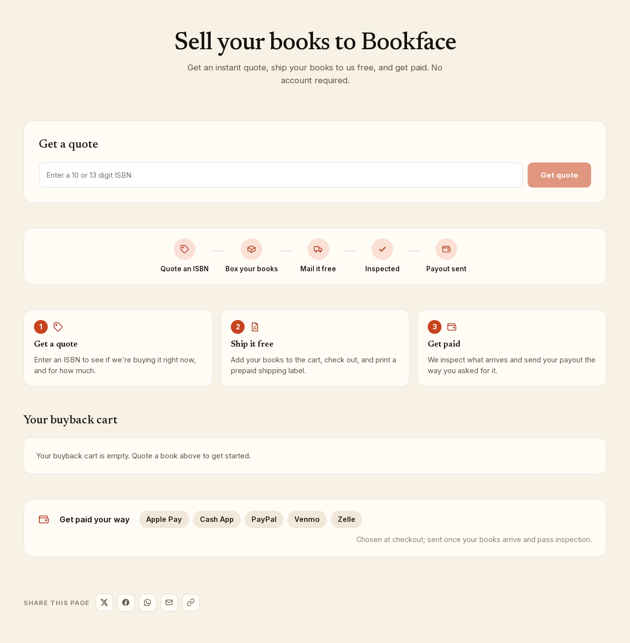 Screenshot: The quote box and the buyback cart on the Sell your books page.