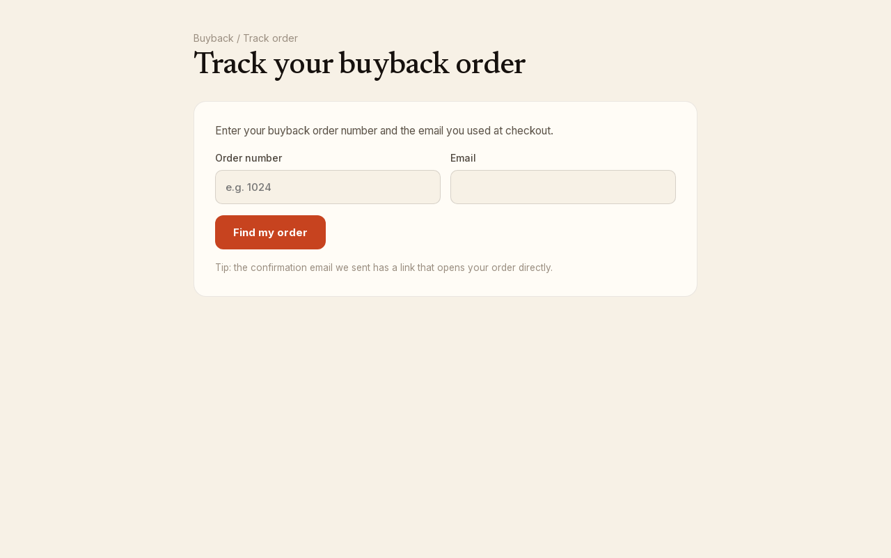 Screenshot: The lookup form on the Track your buyback order page.