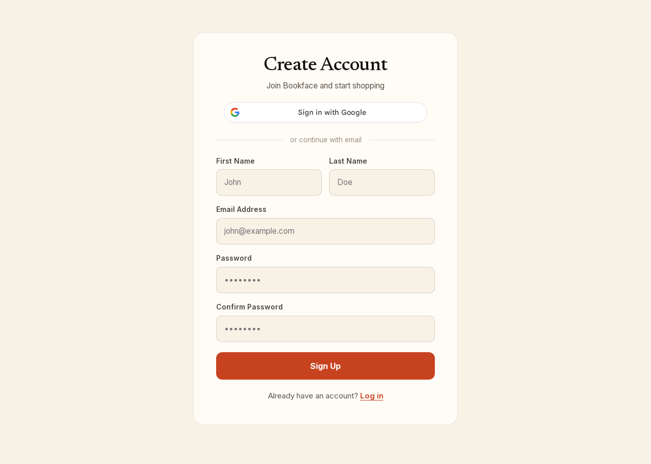 Screenshot: The sign-up page: Google at the top, the email form below.