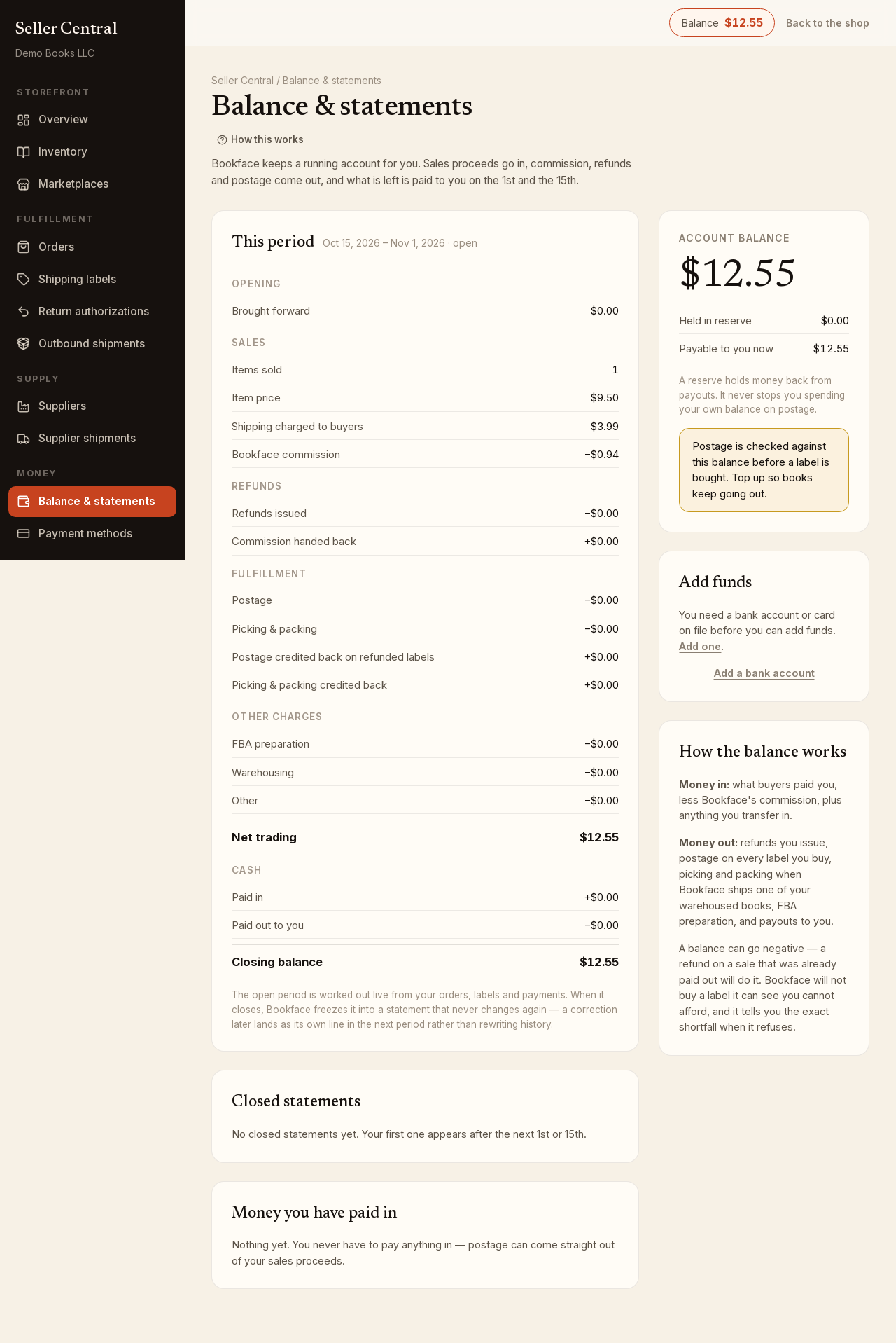 Screenshot: seller accounting
