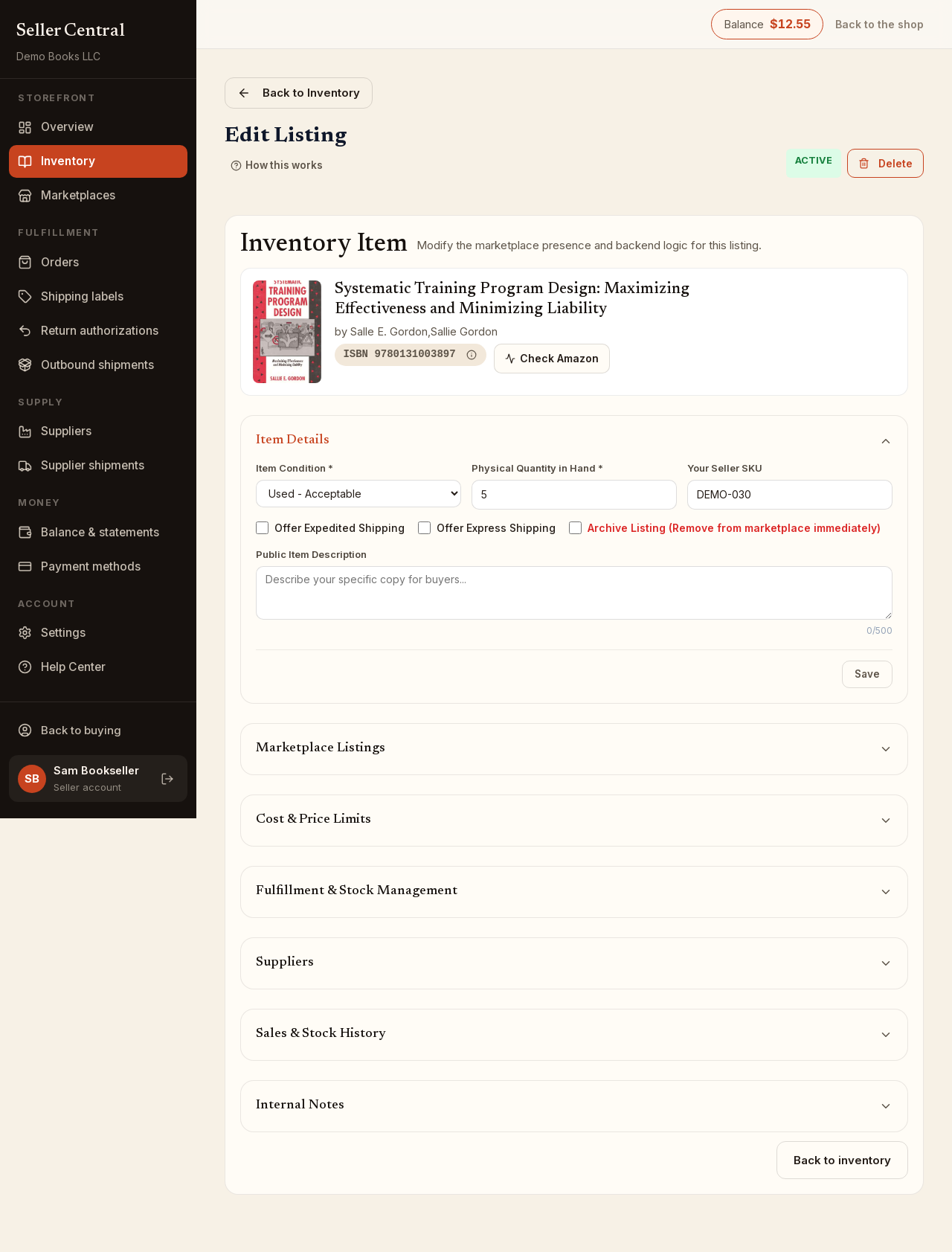 Screenshot: The edit page with Item Details open