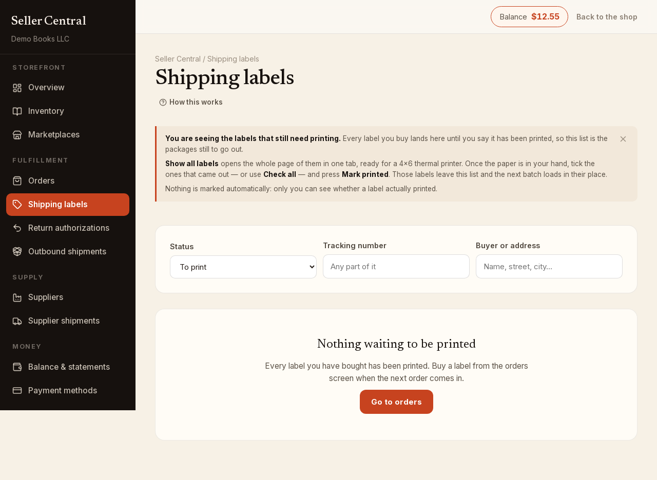 Screenshot: seller labels