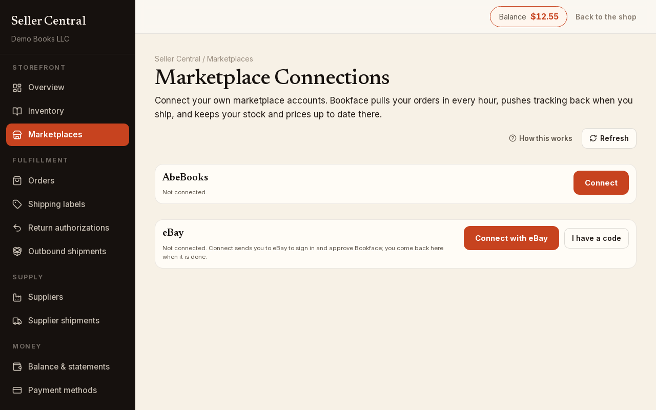 Screenshot: The eBay row on Marketplace Connections