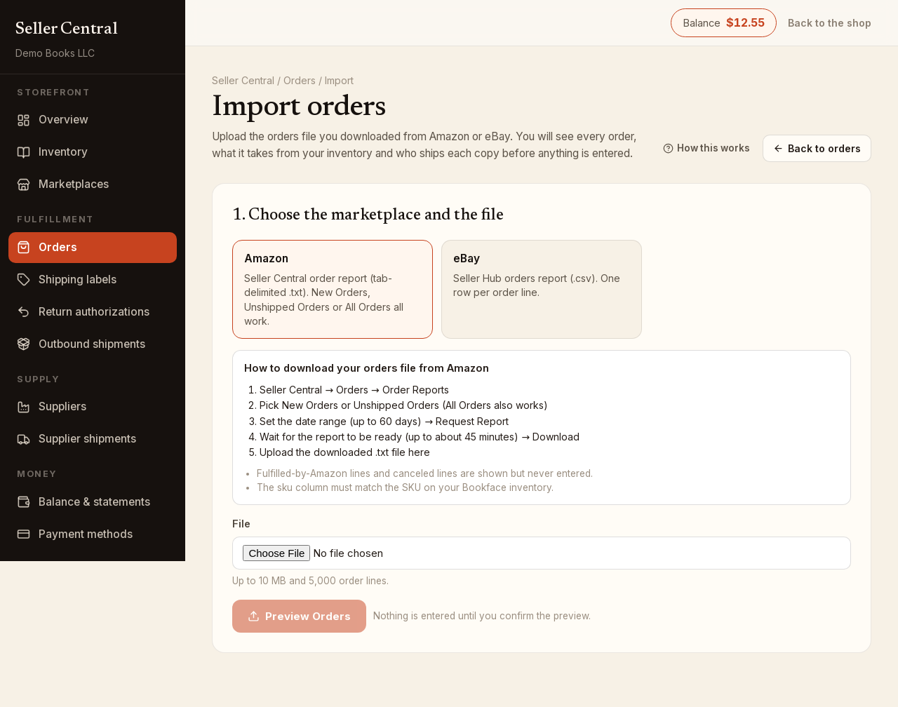 Screenshot: seller orders import