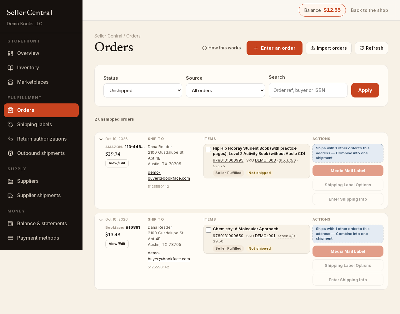 Screenshot: seller orders list