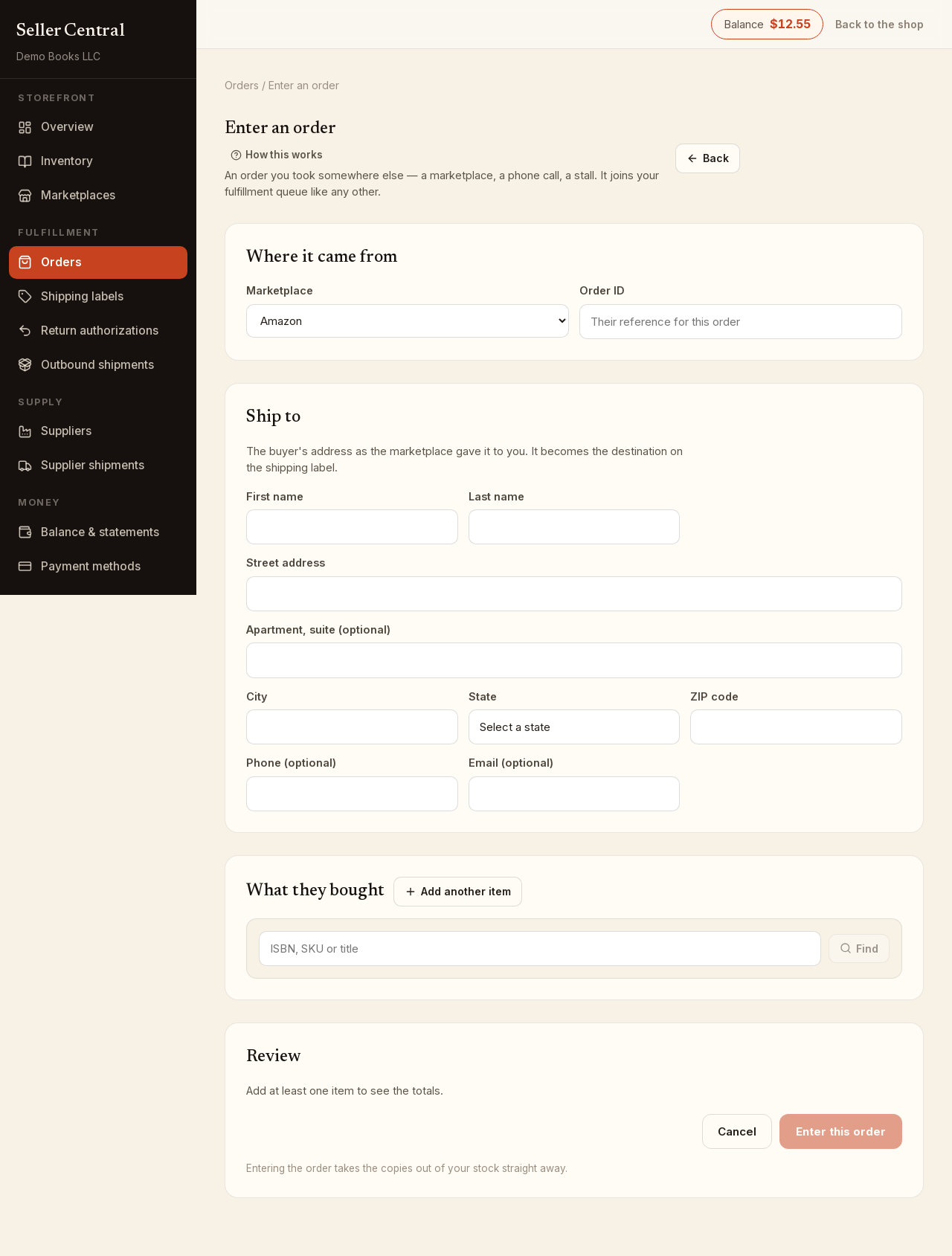 Screenshot: seller orders new