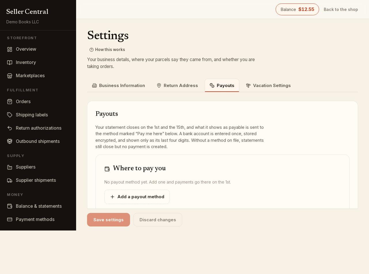 Screenshot: seller settings payouts