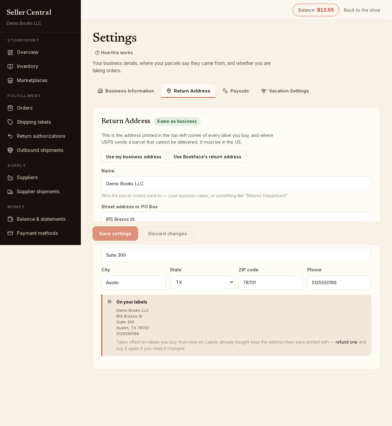 Screenshot: The Return Address tab with the label preview