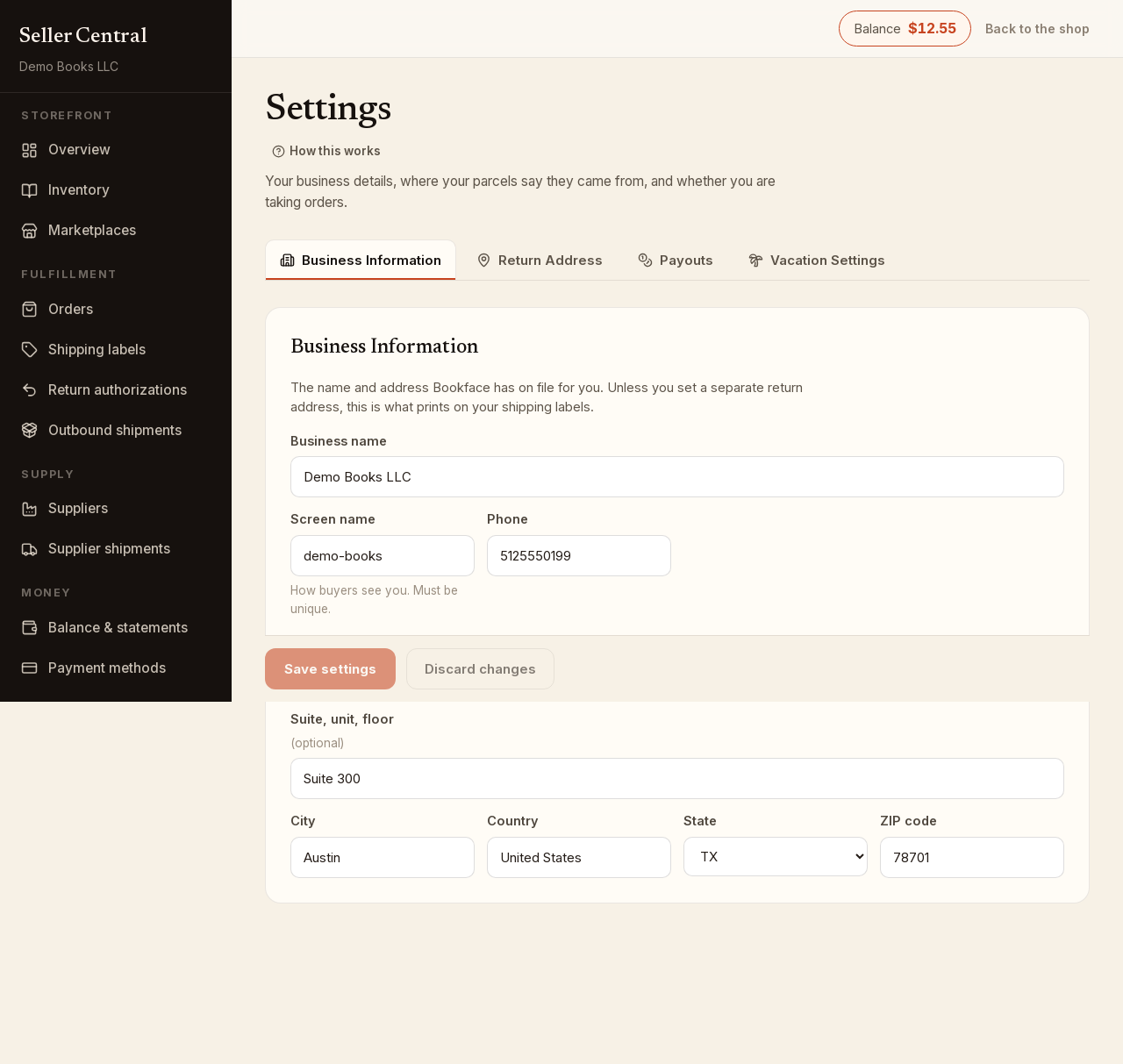Screenshot: The Business Information tab