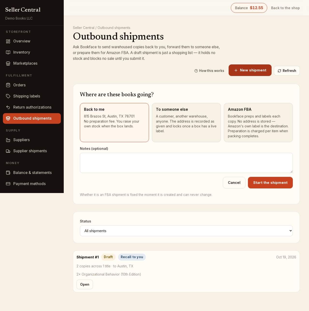 Screenshot: seller shipments