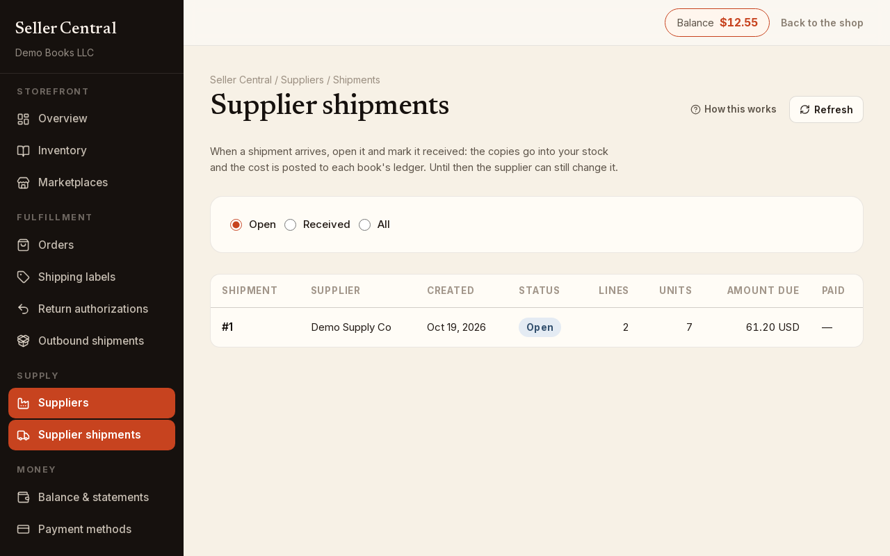Screenshot: seller supplier shipments