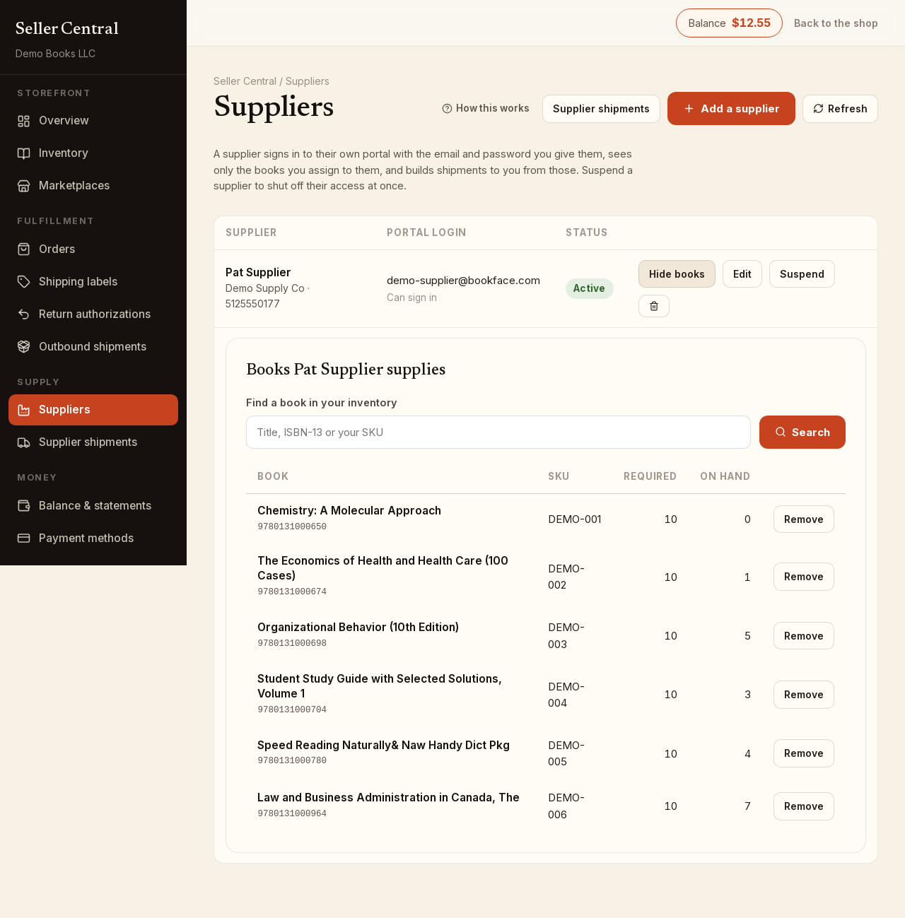 Screenshot: seller suppliers assigned