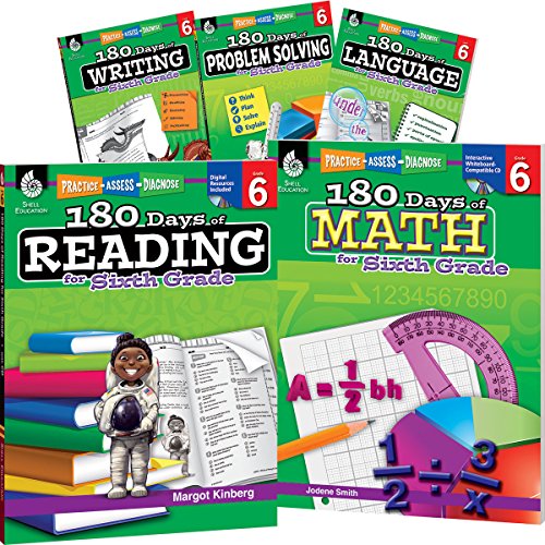 Cover of 180 Days of Sixth Grade Practice, 6th Grade Workbook Set for Ages 10-12, Includes 5 Assorted Sixth Grade Workbooks to Practice Math, Reading, Grammar, ... Problem Solving Skills (180 Days of Practice)