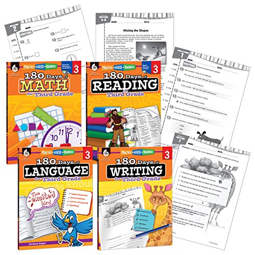Cover of 180 Days of Practice - 3rd Grade Workbook Set - Includes 4 Assorted Third Grade Workbooks for Daily Practice in Reading, Math, Writing, and Grammar Skills